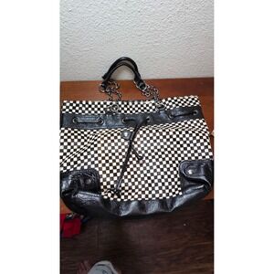 Adrienne Vittadini Tote Bag Womens Large Black White Checkered Calf Hair Patent